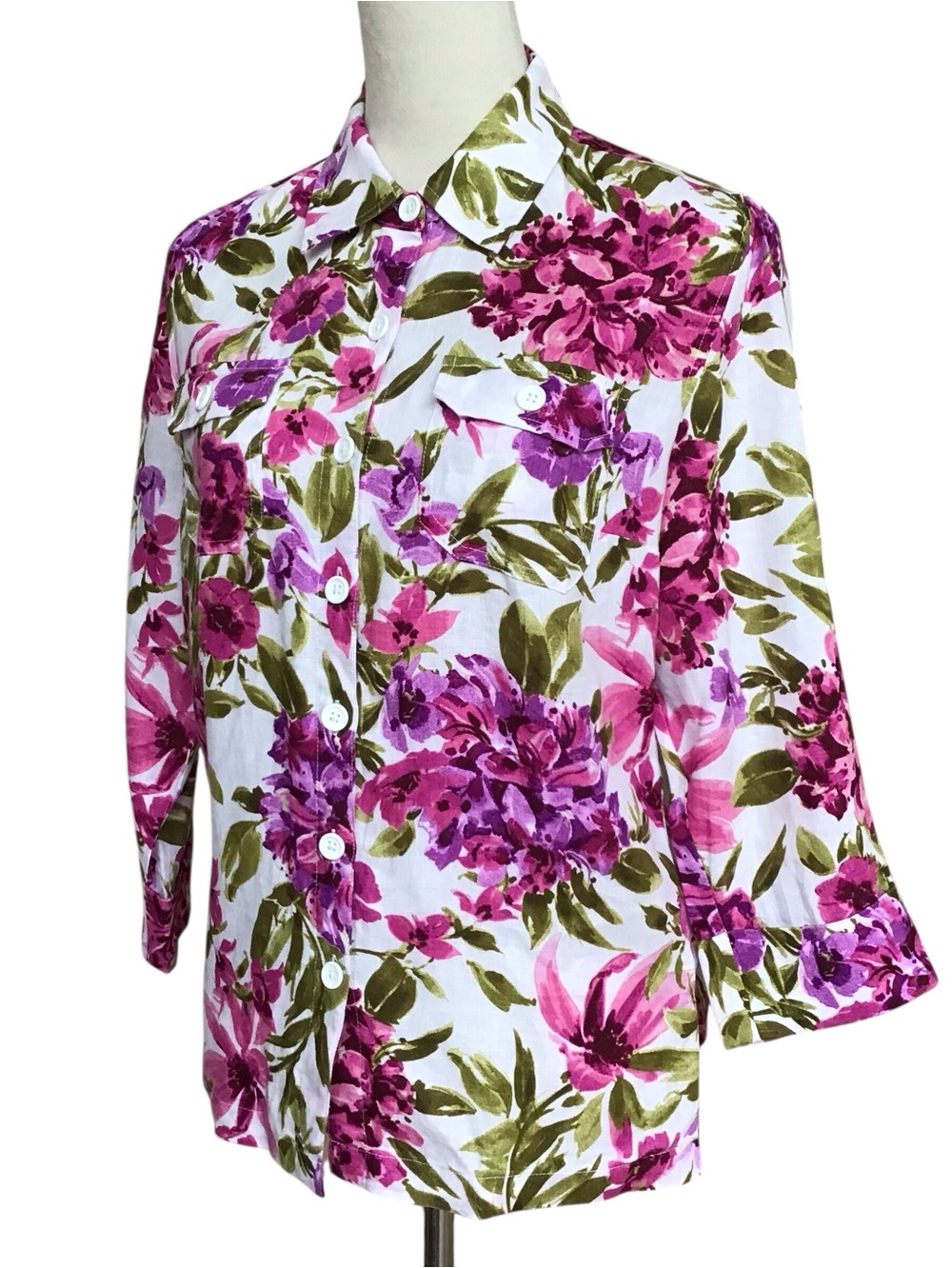 Jones New York White Linen Blouse with Pink & Green Floral Print - Picture 2 of 6